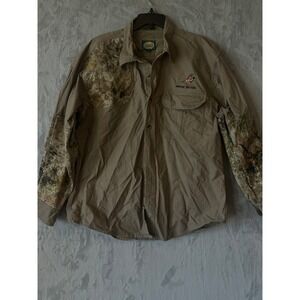 Cabelas Hunting Shirt Mens L Tan Camo  Embroidered Patch Logo Camouflage Western